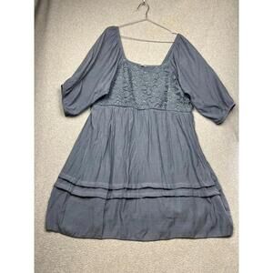 Kings Road Womens Babydoll Midi Dress Plus 3X  Blue Puff Sleeve Lace Bohemian